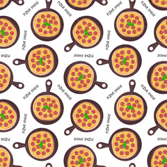 Seamless pattern with Pizza on board. Pepperoni pizza with cheese, sausage and basil. Traditional italian fast food. Repeated background for wallpaper, textile, wrapping, print. Flat design style.