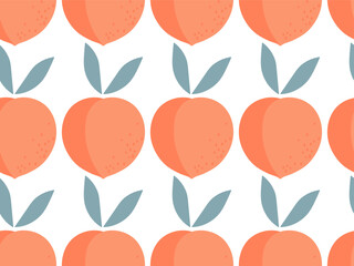 Seamless peach fruit pattern. Farmer Market background. Organic tropical food template for wallpaper, wrapping paper, textile, scrapbooking. Pink healthy sweet fruit on white background