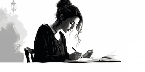 The girl sits on the table and writes in a notebook, black and white style. Generative AI