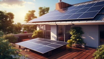 solar panels on a roof. AI generated - obrazy, fototapety, plakaty