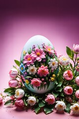Frühlingshaftes Osterei mit 3D Blumenmuster vor rosa Hintergrund.