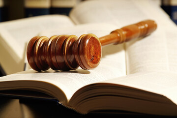 judge gavel mallet in foreground with law books in background unfocuseds