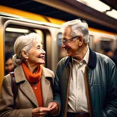 A couple of elderly pensioners are having fun in a subway car