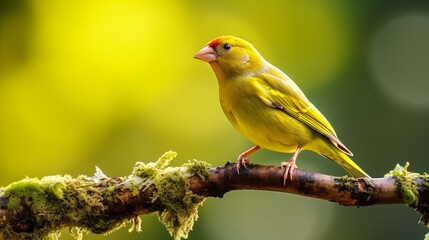 Fototapeta premium A Bright Yellow Greenfinch Perched on a Branch
