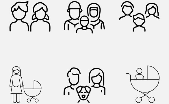 Family icon set. Containing parents, mother, father, children, baby, grandparents and household icons. Solid icon collection. Vector illustration.