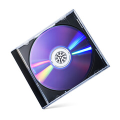 Black plastic disc box case CD DVD jewel with purple rewritable disk isolated. Transparent PNG...