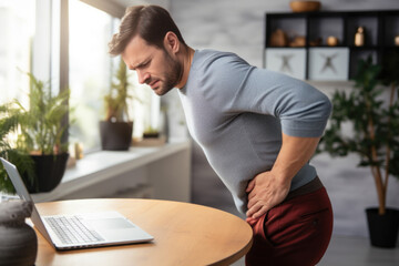 Man with back pain at his home office. The concept illustrates work-related health issues.