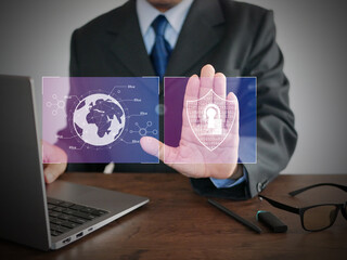 Cyber security concept. Online or internet protection. A hand touches secured access for data of...