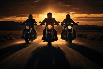 Motorcyclists riding at sunset on an open road. The concept speaks of freedom and adventure - obrazy, fototapety, plakaty