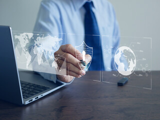 Cyber security concept. Online or internet protection. A stylus touches secured access for data of...