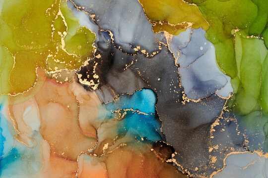 Natural luxury abstract fluid art painting in liquid ink technique. Tender and dreamy wallpaper. Mixture of colors creating transparent waves and golden swirls. For posters, other printed materials © Djero Adlibeshe
