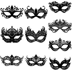 Venetian masquerade mask silhouettes set venice elegant black on white vector isolated - obrazy, fototapety, plakaty