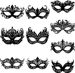 Venetian masquerade mask silhouettes set venice elegant black on white vector isolated © eobrazy_pl