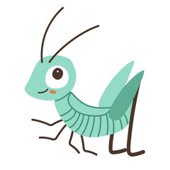Cute cartoon green grasshopper on a white background. Cute  character for childish design. Flat vector illustration.
