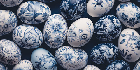 Blau-Weisse Ostereier im Stil chinesischer Blaumalerei bemalt | Perfekt als Banner für die Osterzeit - obrazy, fototapety, plakaty