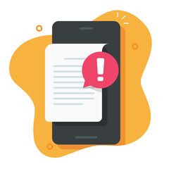 Error notice message alert on text document mobile cell phone vector flat cartoon illustration graphic, cellphone smartphone warn exclamation risk file mark, important information disclaimer problem - obrazy, fototapety, plakaty