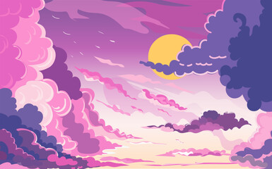 Fototapeta na wymiar Cartoon dawn sky with pink and blue clouds.Beautiful cloudy landscape at sunset.Fluffy cumulus clouds flying over the sea.