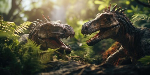 Spiky, fearsome dinosaur in nature — ancient creature, dangerous hunter, carnivore with sharp...