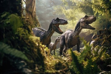 Artistic primeval scene, a pair of Allosaurus in a rainforest.