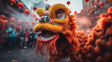 Chinese dragon as a character for the dragon dance at the Chinese New Year festival. ai generative - obrazy, fototapety, plakaty