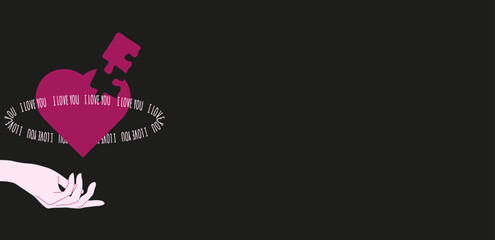 Geometry shapes in neon pink color. 3D puzzle heart, Valentine's day banner in trendy psychedelic rave style. 00s Y2k retro futuristic aesthetic. Love concept. Vector art for social media