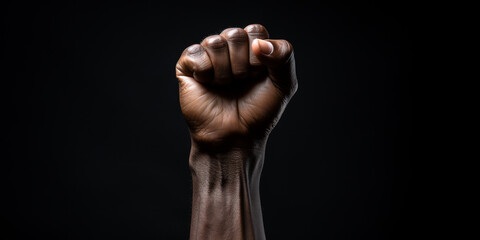 clenched fist of black hand on dark background. ai generative
