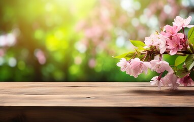 Beautiful blooming spring flowers branches background. Wooden table, display with copy space for product presentation.