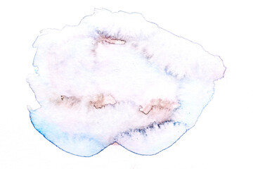 Abstract liquid art background. Pink blue watercolor translucent blots on white paper.