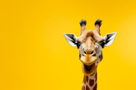 Giraffe, with a long neck, looks upwards, gesturing with its paw. Background: solid mustard yellow