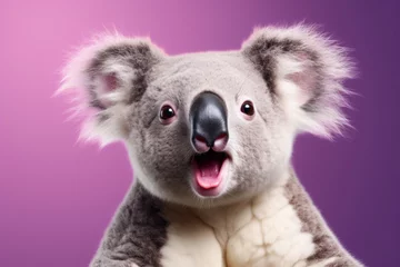 Fotobehang Amazed koala blinks its eyes, pointing its paw downwards on a light purple background © Hanna Haradzetska