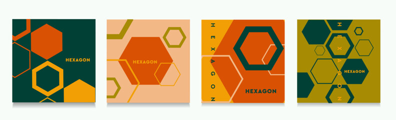 Set Hexagonal Molecular Structure in Green, Orange, Yellow Colors. Abstract Pattern for Advertising, Web, Social Media, Poster, Banner, Cover. 3D Retro Style 70s . Vector Illustration. - obrazy, fototapety, plakaty