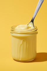 Mayonnaise in a jar on a yellow background