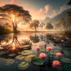 The lotus flowers and surrounding trees floating on a quiet lake convey the peace of nature.