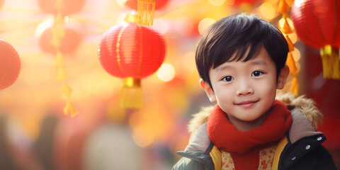 Fototapeta na wymiar asian little boy on blurred background of chinese new year fair. ai generative