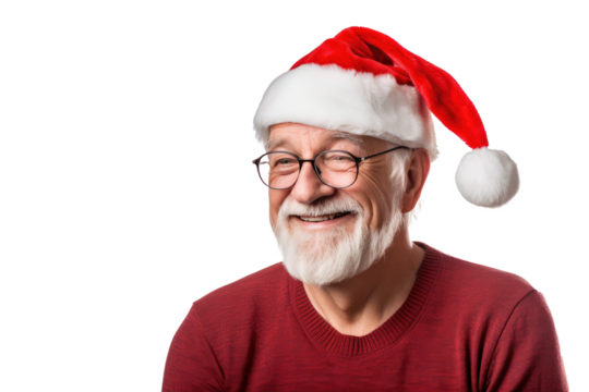 Studio portrait of an elderly man with a white beard smiling happily wearing a red Santa cap hat at Christmas isolated on transparent background.