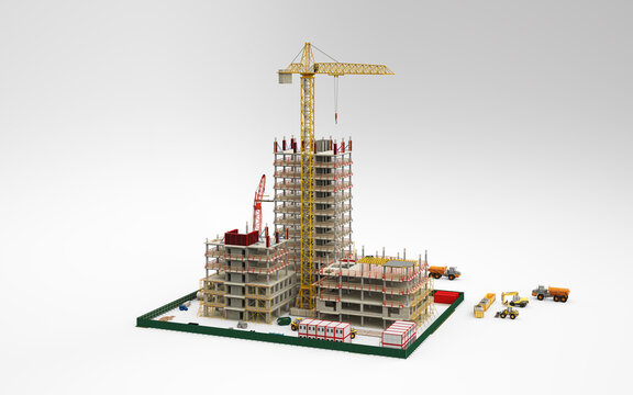 Building Construction Site, BIM Project, 3d rendering, 3d illustration