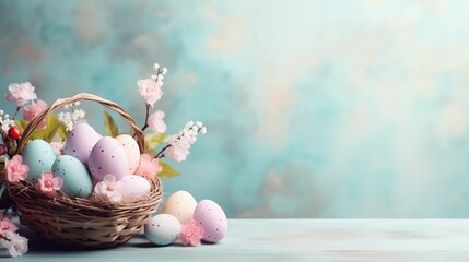 Beautiful pastel color Easter eggs and flowers in a basket with copy space. Colorful spring theme...