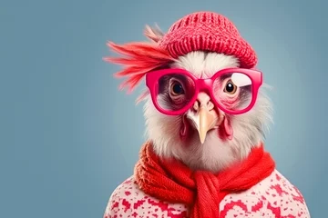 Tuinposter Cute cartoon anthropomorphic chicken wears a red sweater, hat, scarf and glasses © Kseniya