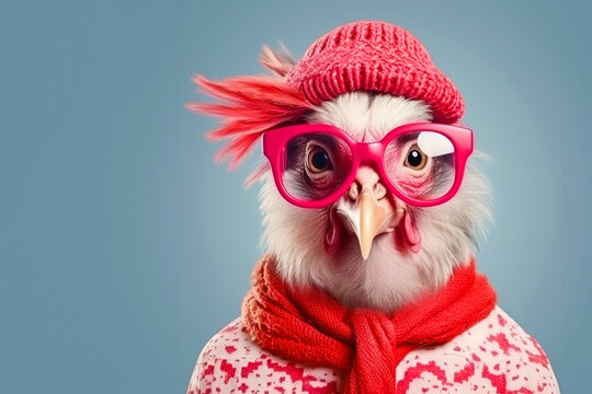 Cute cartoon anthropomorphic chicken wears a red sweater, hat, scarf and glasses