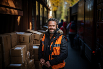 Portrait of a happy delivery service man with parcels