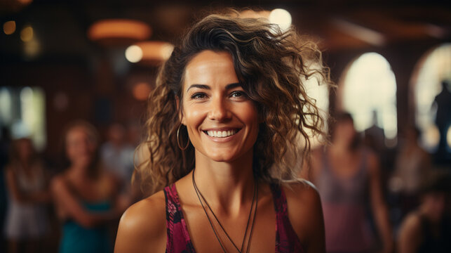 Dance or gymnastics teacher in classes with her students. Woman smiling happy in a zumba class. Young latin woman in the gym. Background with copy space.
