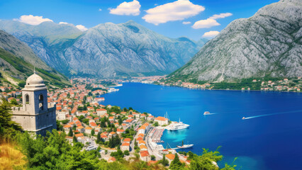Panoramic view of Kotor bay and Kotor city, Mediterranean Sea in Montenegro, Europe. - obrazy, fototapety, plakaty