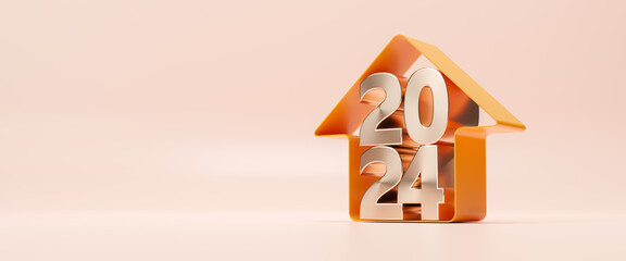 Golden house and key icon with 2024 New Year number on a yellow background. Family budget planning. Investments, plans, savings. Mortgage rates. Real estate concept for home purchase. 3d rendering - obrazy, fototapety, plakaty