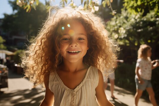 Close-up capturing the joyful expression of a girl in a sunlit park. The image resonates with happiness, youthfulness, and the vibrant ambiance of the sunny surroundings.