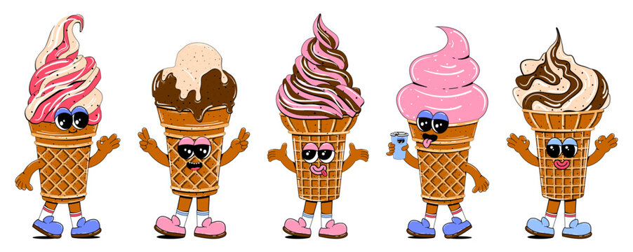 Set of ice cream characters in retro cartoon style. Fast food dessert mascot vector illustration.