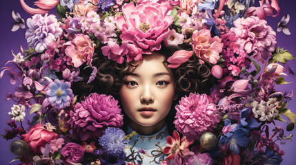 Portrait d'une jeune fille au milieu des fleurs