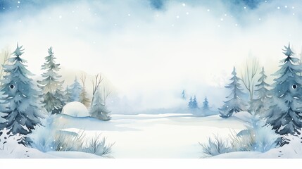 Watercolor winter snowy landscape
