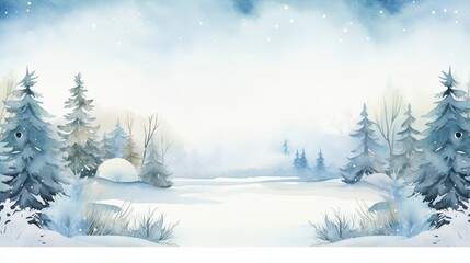 Fototapeta premium Watercolor winter snowy landscape