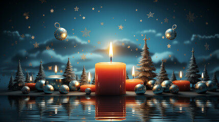 Christmas candles, ornaments, Christmas trees on blue glittering sky background, Christmas and winter, season greeting concept