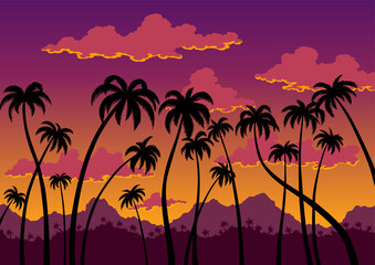 Fototapeta na wymiar California sunset landscape. Coast wallpaper with black silhouette palm trees. Nature panorama of scenic violet-orange sky, tropical forest and mountains. illustration